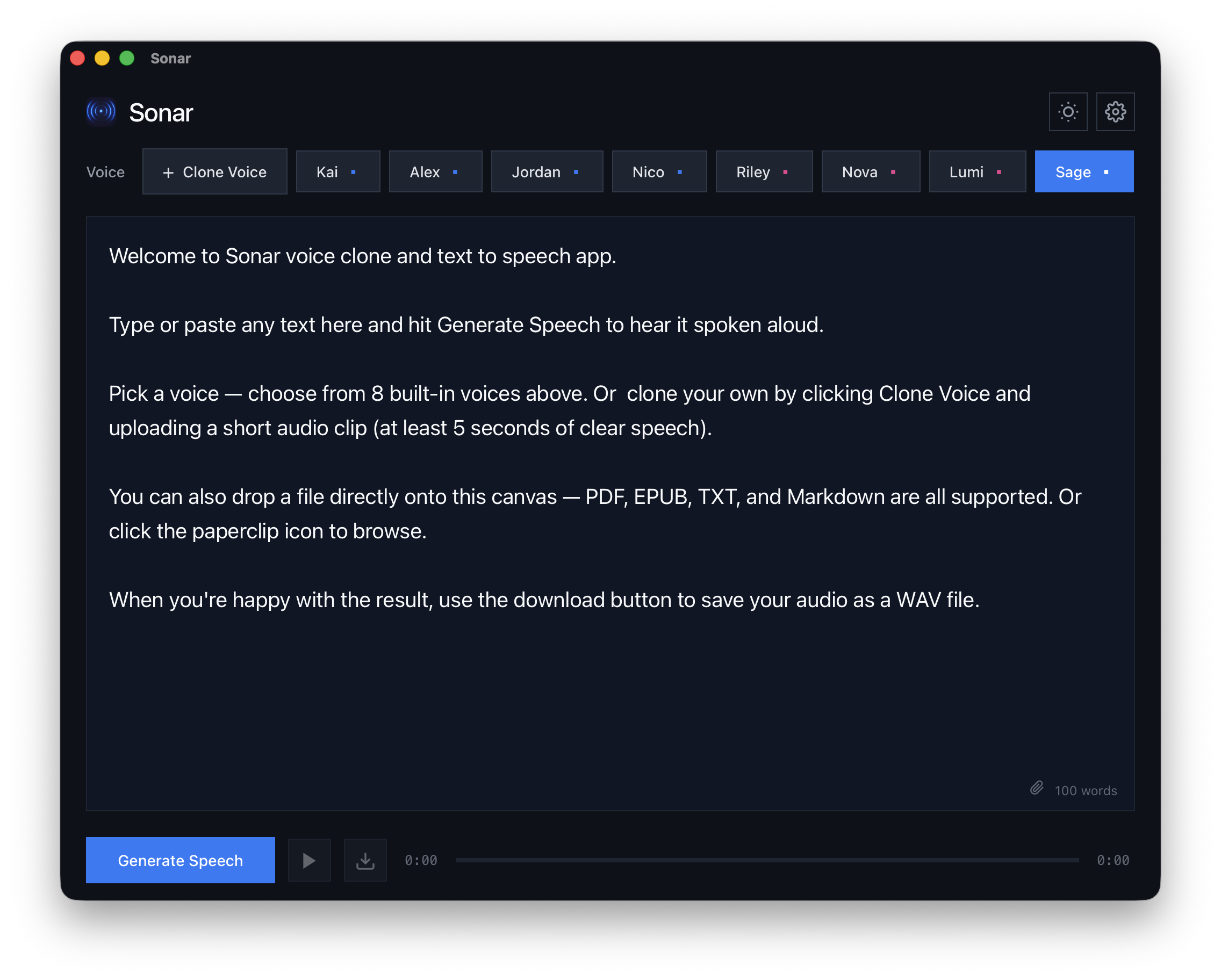 Sonar dark mode showing voice selector and text input